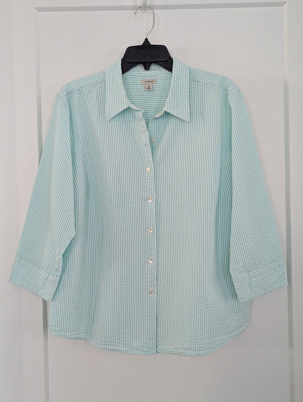 LL Bean Womens XL Seersucker Shirt Mint Green Stripe Button Coastal Preppy